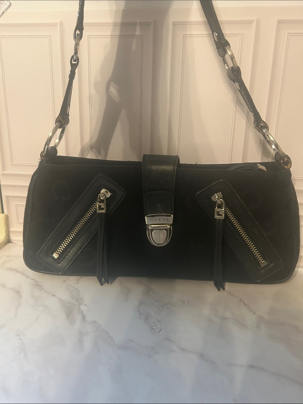 Y2K GUESS black shoulder bag with guess monogram 12” x5.5”